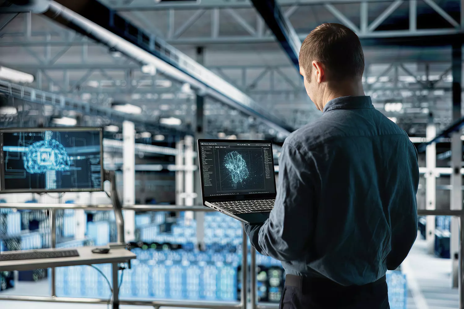 Specjalista od automatyzacji stojący z laptopem