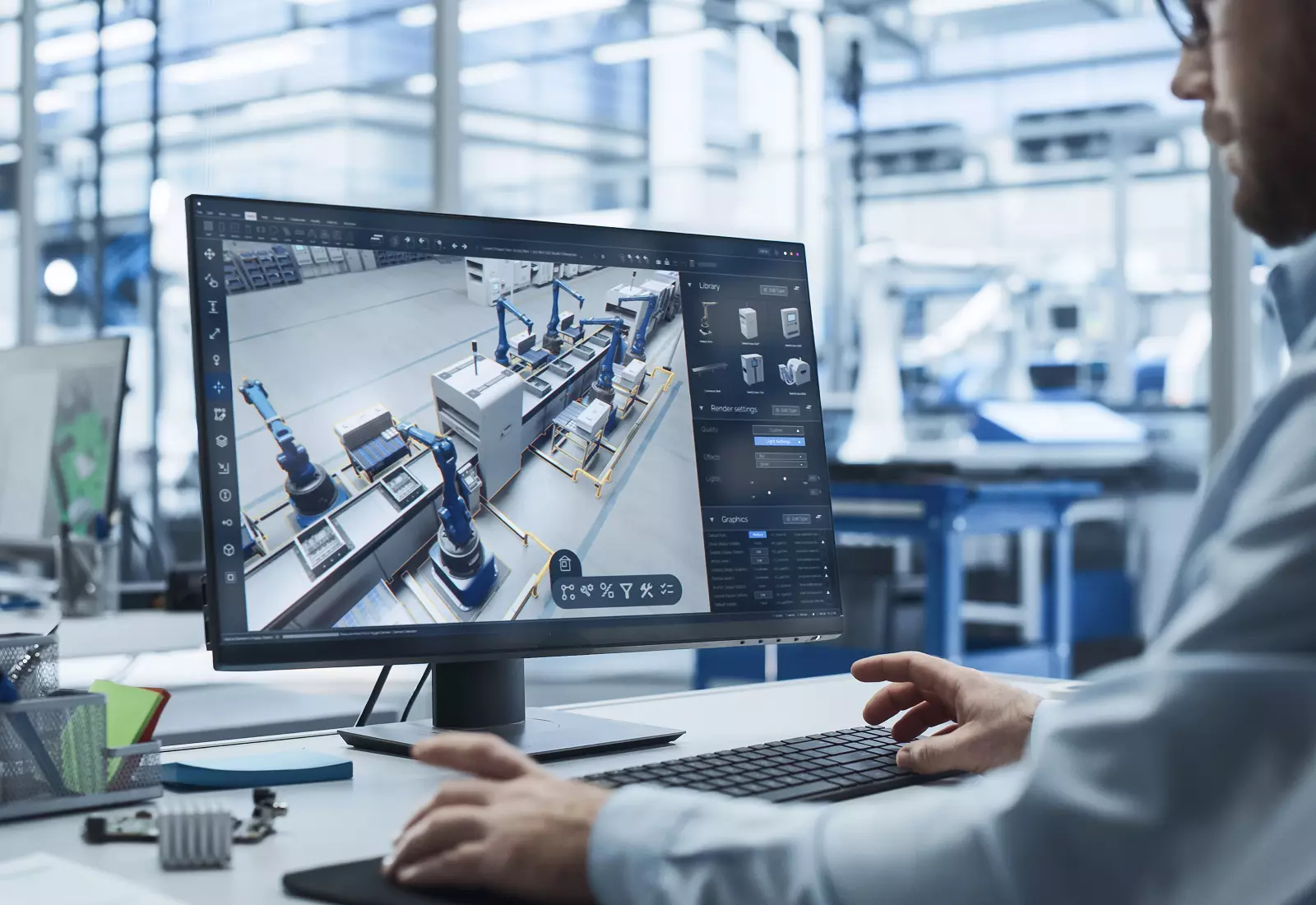 Mężczyzna planujący hale produkcyjną